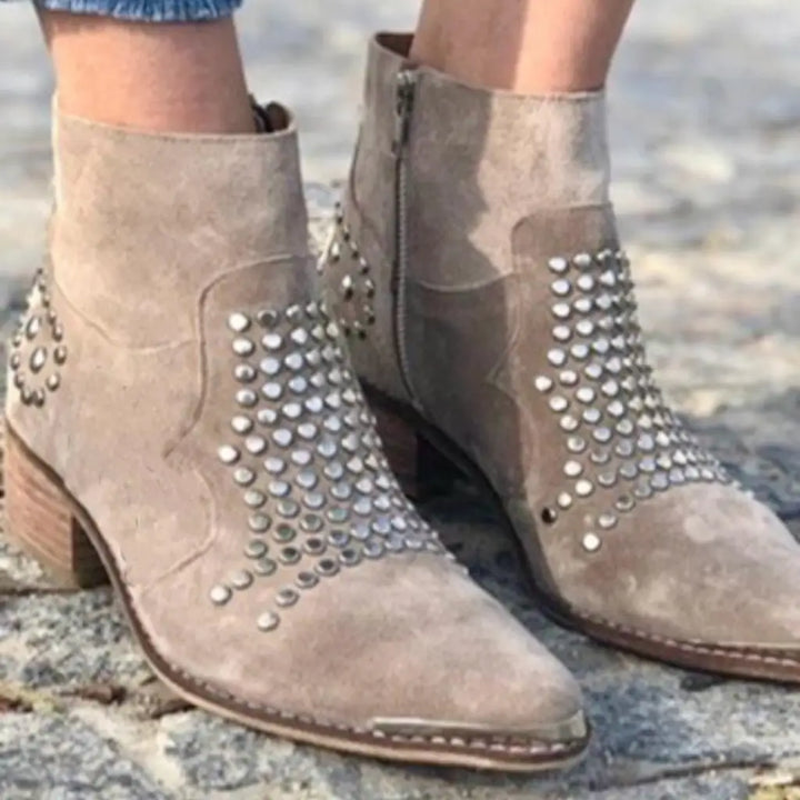 Women's beige ankle boots with metallic studs and mid block heels