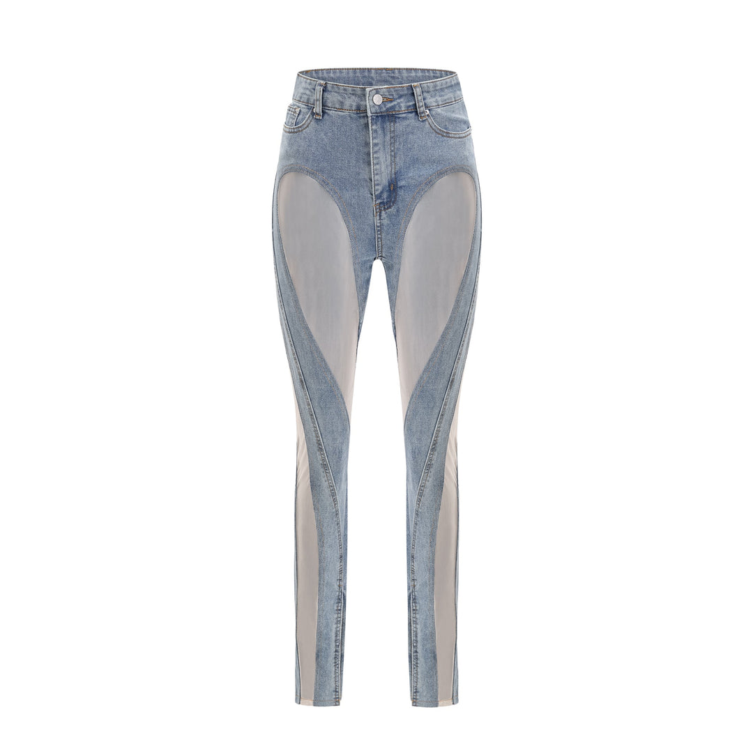 Women's blue high-rise jeans with sheer leg panels