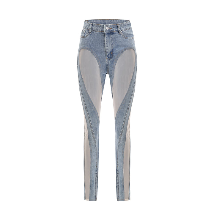 Women's blue high-rise jeans with sheer leg panels