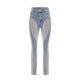 Women's blue high-rise jeans with sheer leg panels