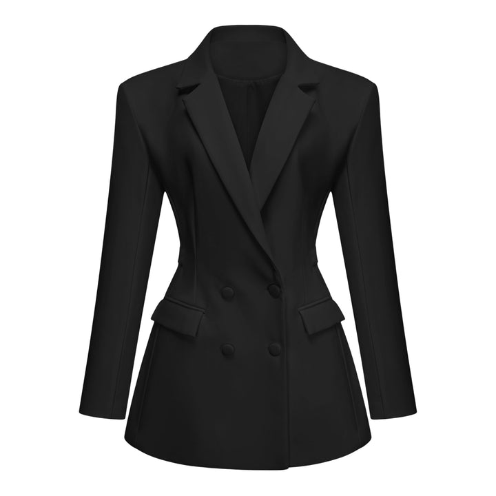 Women's black double-breasted blazer mini dress with notched lapels