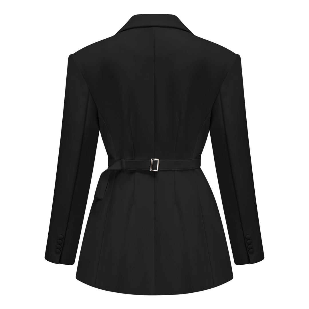 Women's black double-breasted blazer mini dress with notched lapels