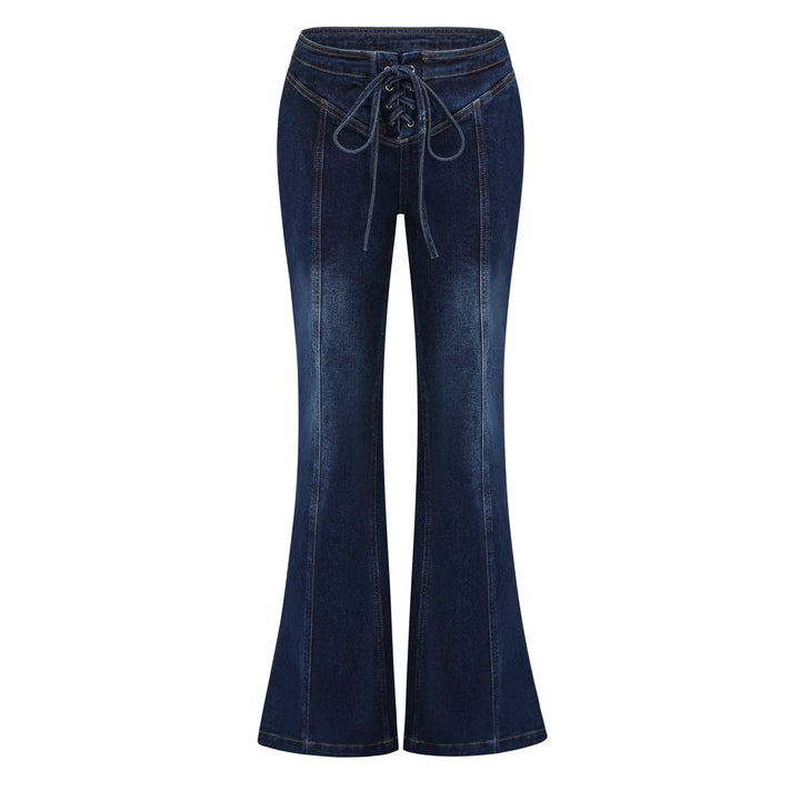 Women's indigo blue denim lace-up co-ord set with cropped jacket and flare trousers