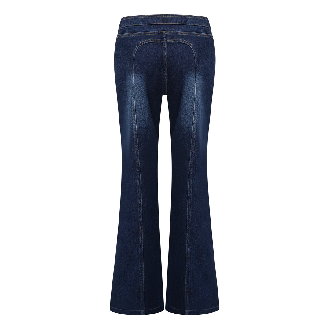 Women's indigo blue denim lace-up co-ord set with cropped jacket and flare trousers