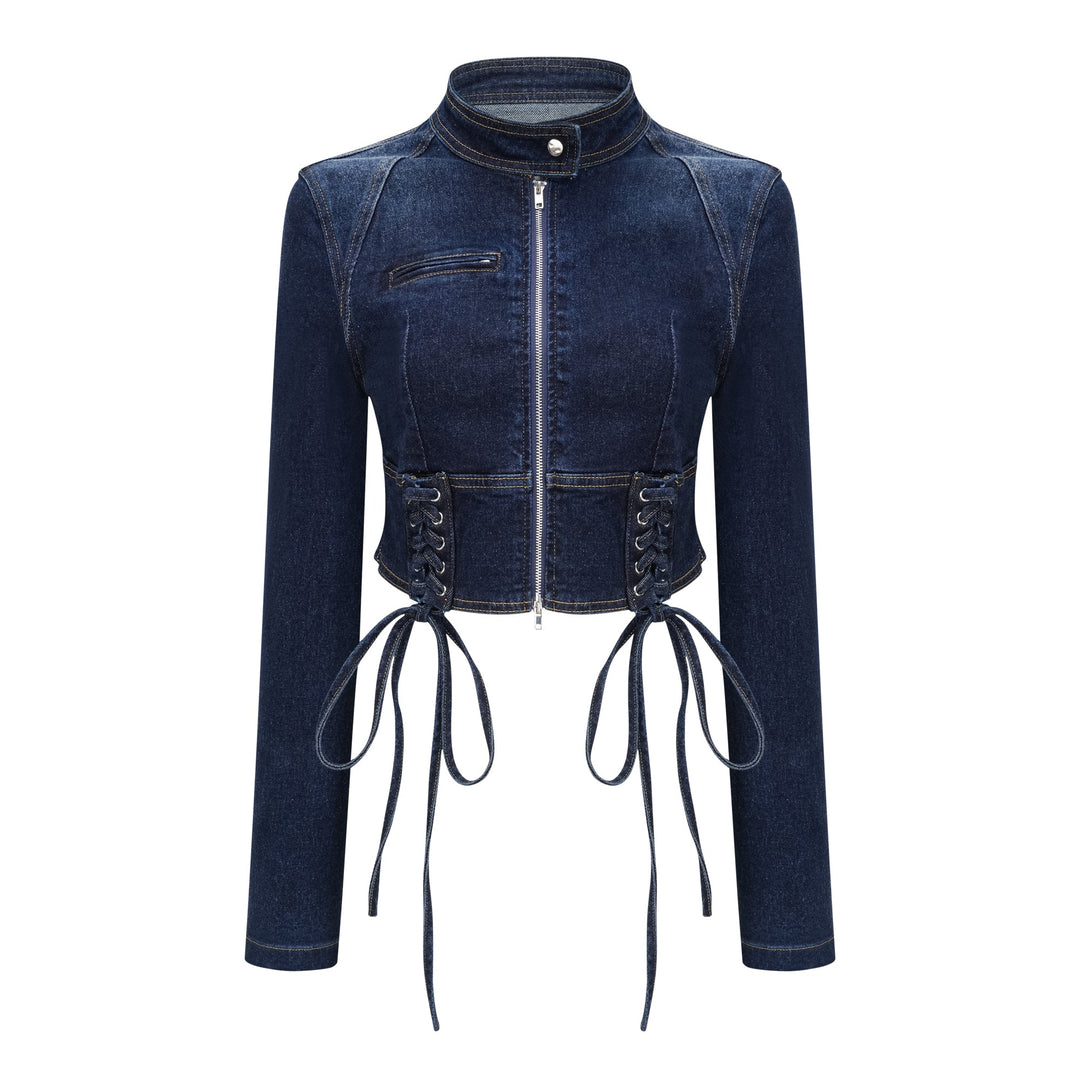 Women's indigo blue denim lace-up co-ord set with cropped jacket and flare trousers
