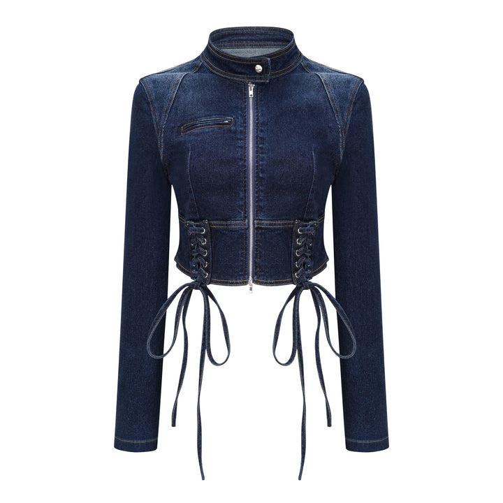 Women's indigo blue denim lace-up co-ord set with cropped jacket and flare trousers