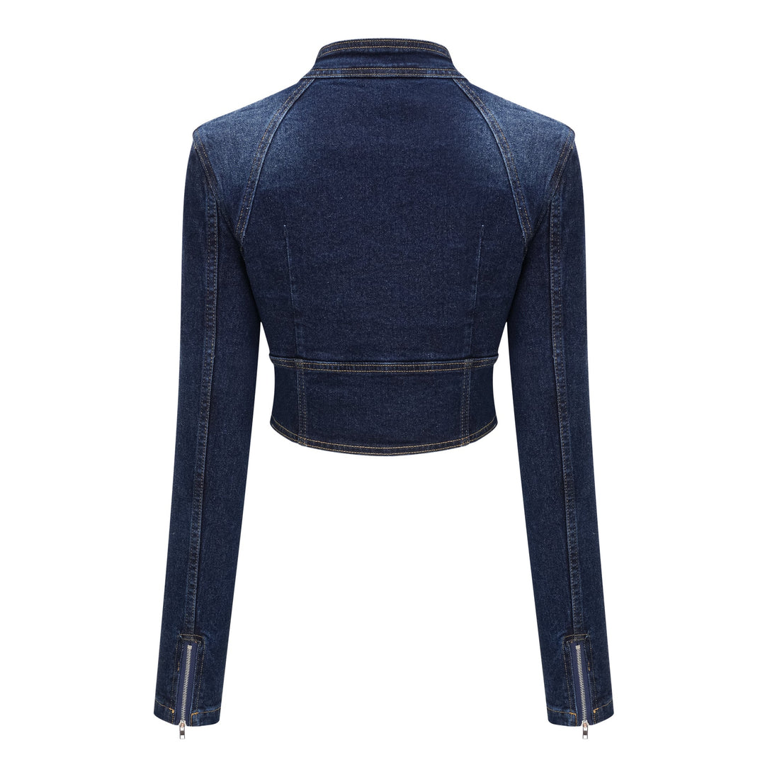 Women's indigo blue denim lace-up co-ord set with cropped jacket and flare trousers