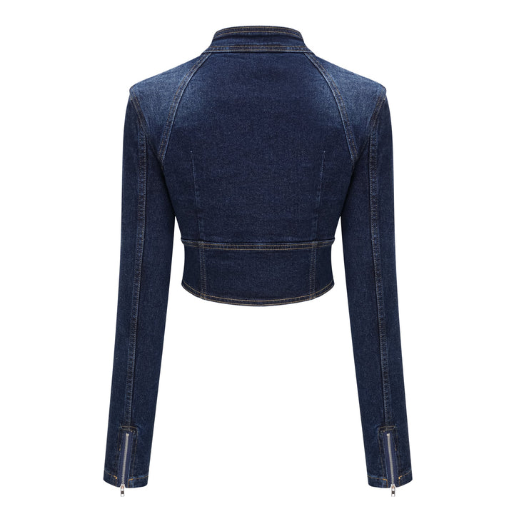Women's indigo blue denim lace-up co-ord set with cropped jacket and flare trousers