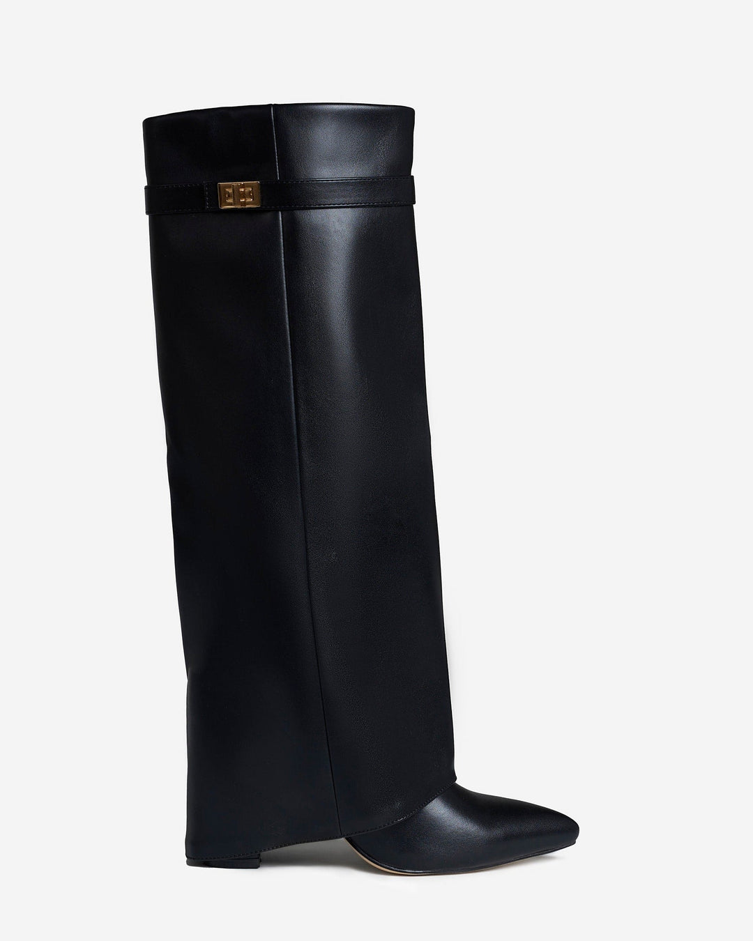 Women's black knee-high boots with pointed toes, low heels and buckle straps
