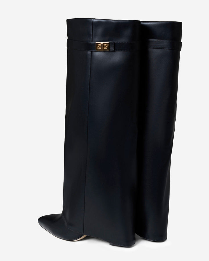 Women's black knee-high boots with pointed toes, low heels and buckle straps