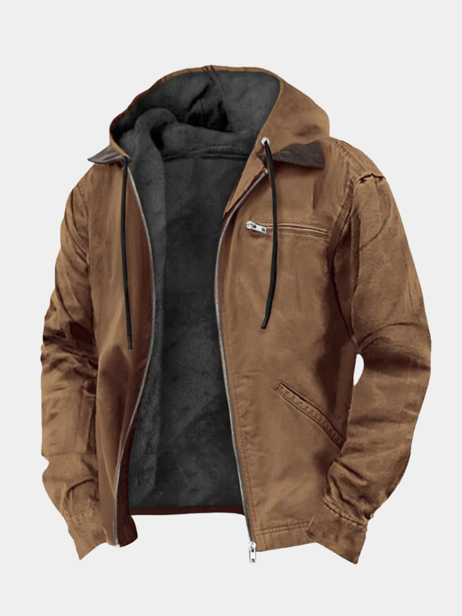 Men's hooded zip front jacket with long sleeves and multiple pockets