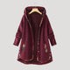 Women's long quilted hooded coat with patterned trim and front pockets