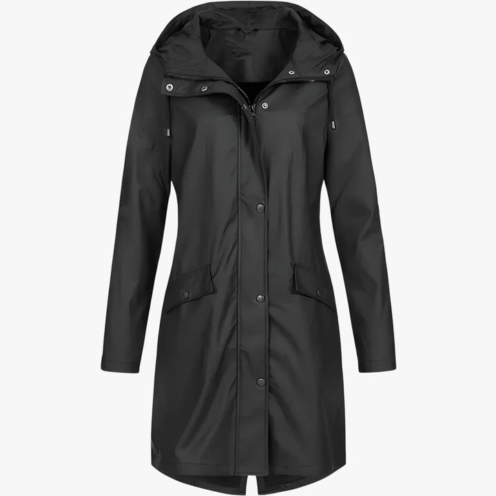 Women's long hooded rain jacket with front pockets