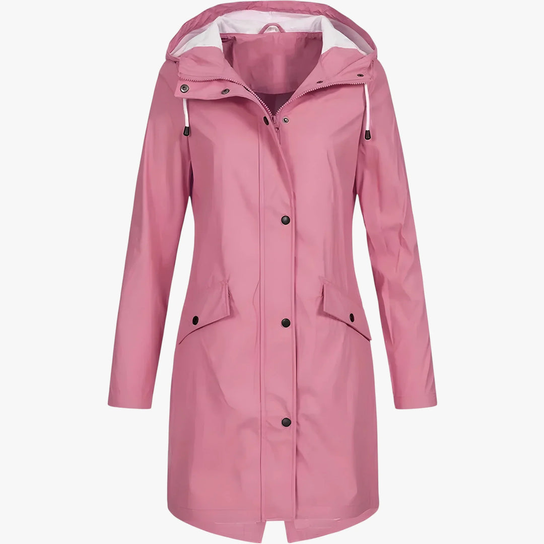 Women's long hooded rain jacket with front pockets