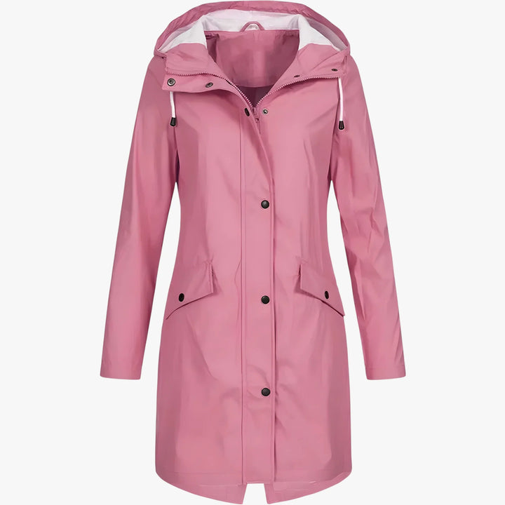 Women's long hooded rain jacket with front pockets