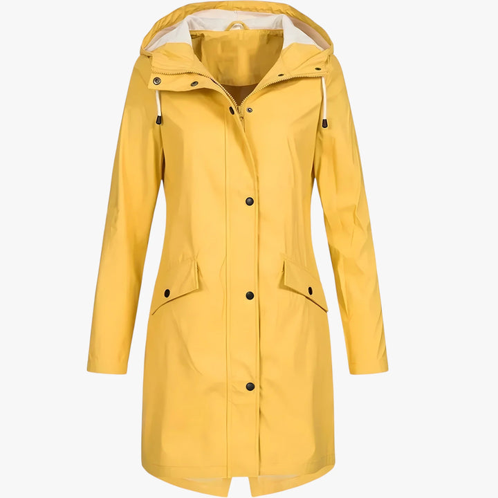 Women's long hooded rain jacket with front pockets