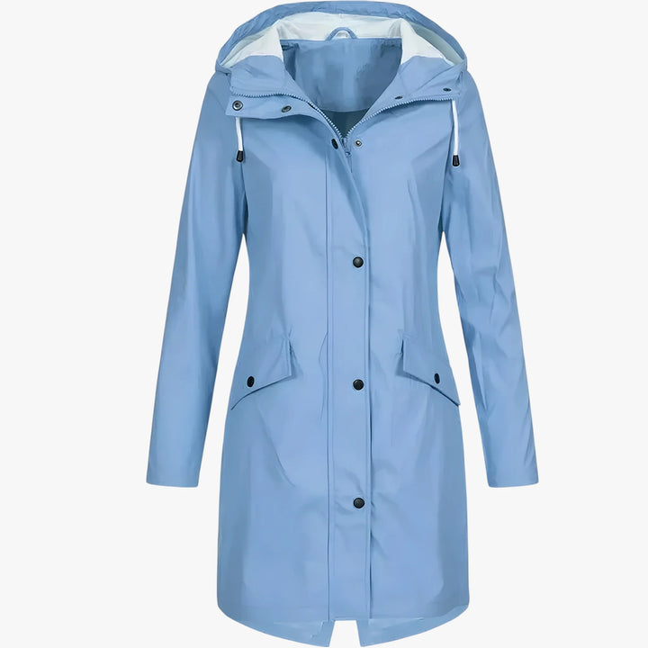 Women's long hooded rain jacket with front pockets