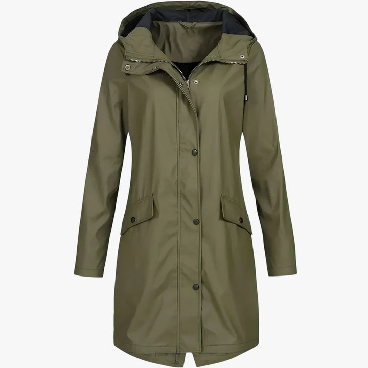 Women's long hooded rain jacket with front pockets