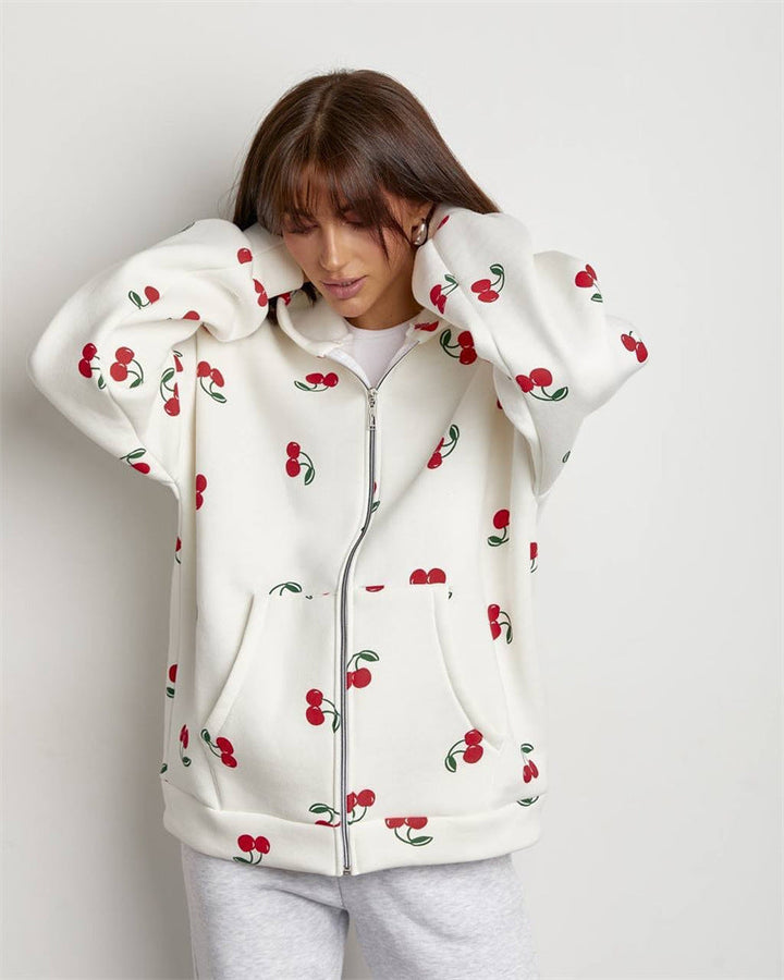 Women's cherry print zip-up hoodie with hood and front pockets