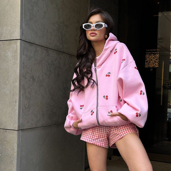 Women's cherry print zip-up hoodie with hood and front pockets