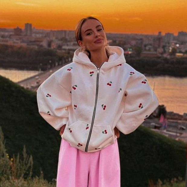Women's cherry print zip-up hoodie with hood and front pockets