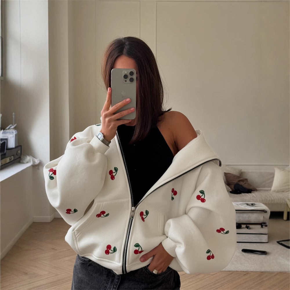 Women's cherry print zip-up hoodie with hood and front pockets