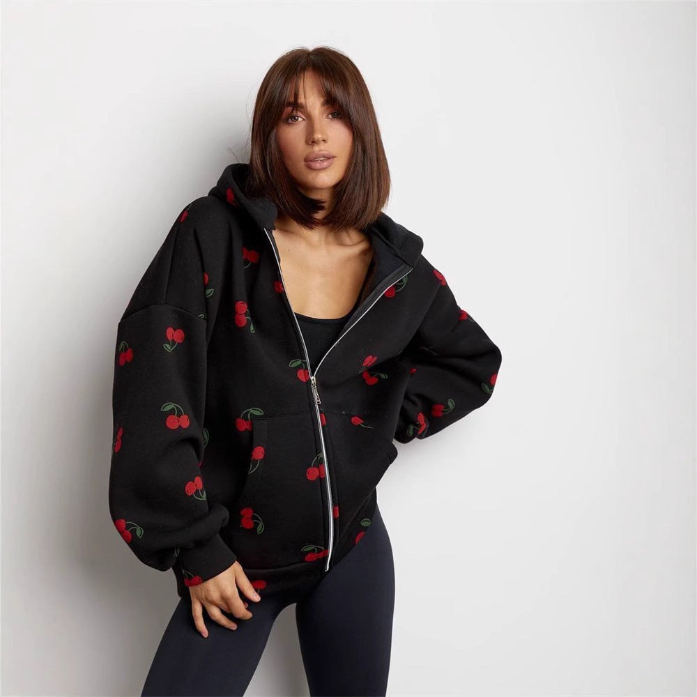 Women's cherry print zip-up hoodie with hood and front pockets