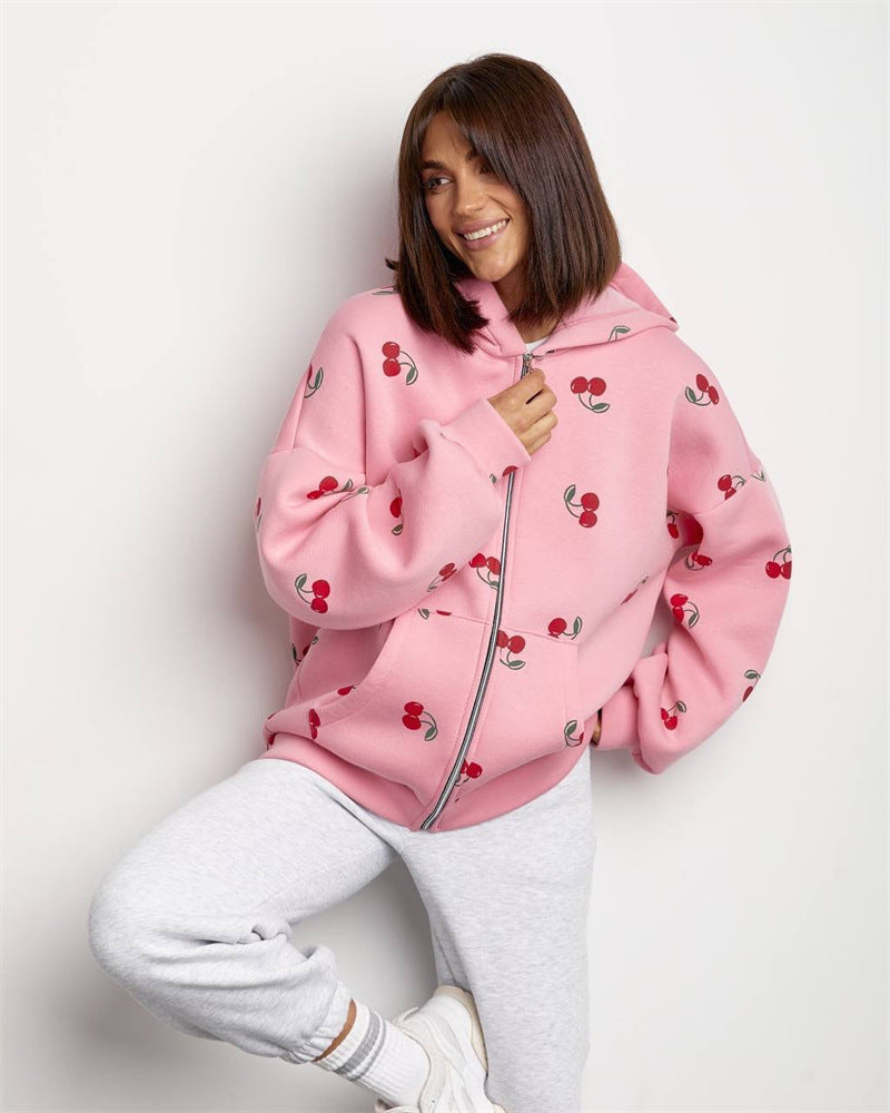 Women's cherry print zip-up hoodie with hood and front pockets