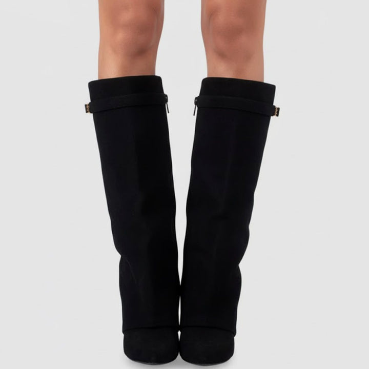 Women's over-the-knee boots with pointed toes, buckle straps and block heels