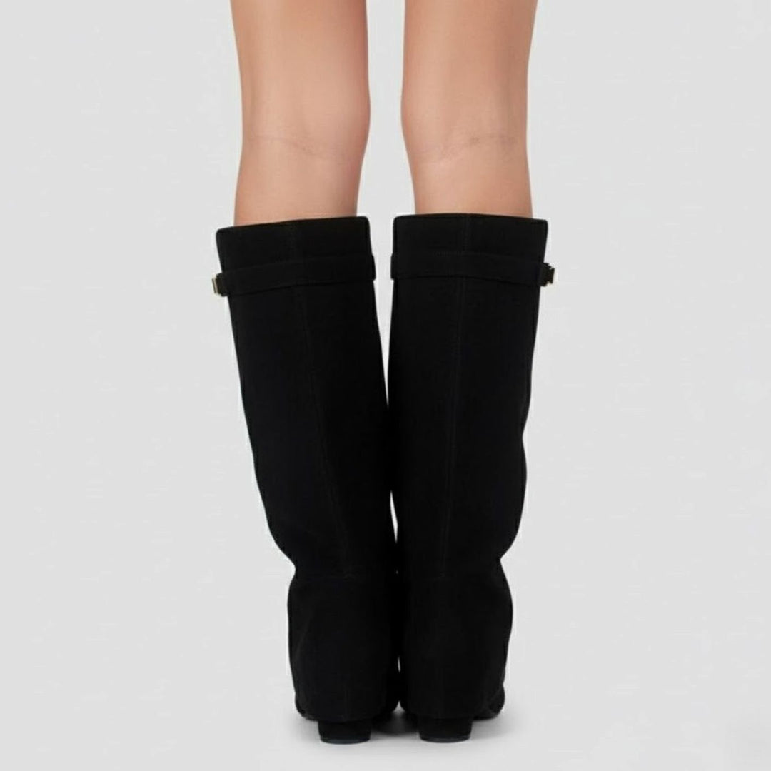 Women's over-the-knee boots with pointed toes, buckle straps and block heels