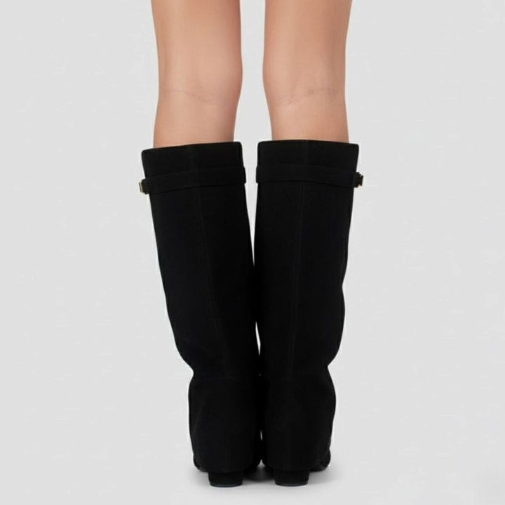 Women's over-the-knee boots with pointed toes, buckle straps and block heels