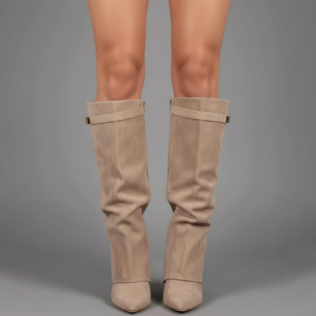 Women's over-the-knee boots with pointed toes, buckle straps and block heels