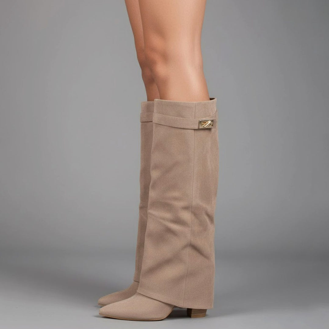 Women's over-the-knee boots with pointed toes, buckle straps and block heels