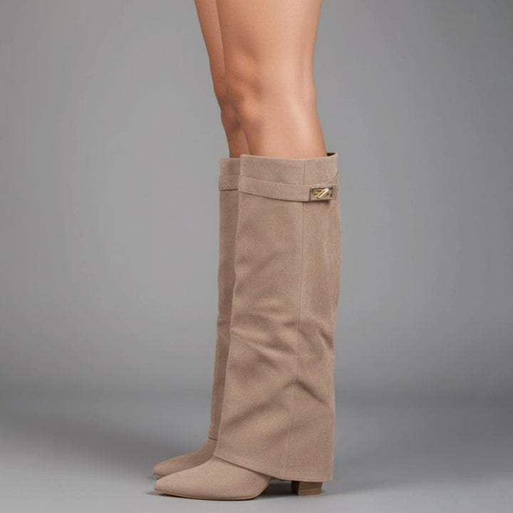 Women's over-the-knee boots with pointed toes, buckle straps and block heels