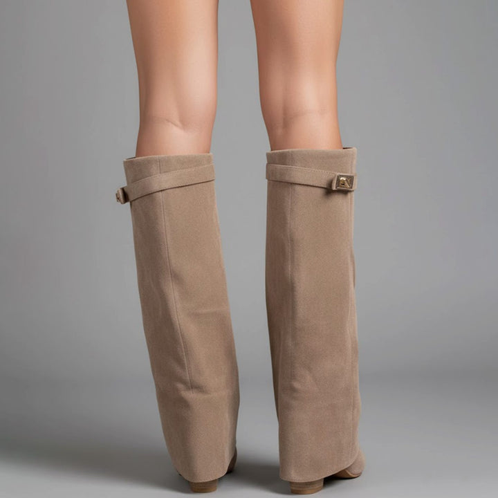 Women's over-the-knee boots with pointed toes, buckle straps and block heels