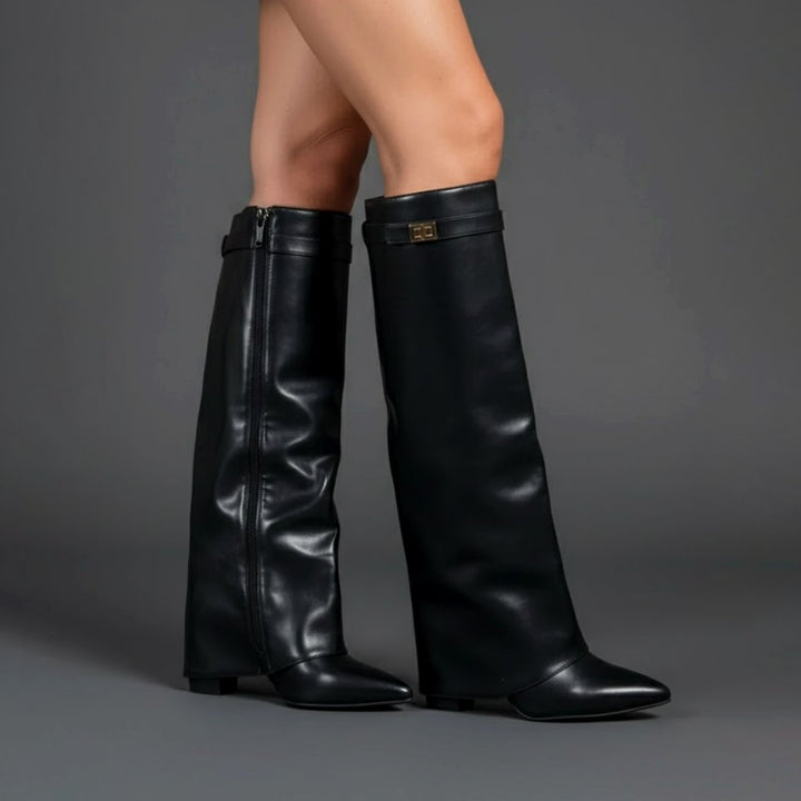 Women's over-the-knee boots with pointed toes, buckle straps and block heels
