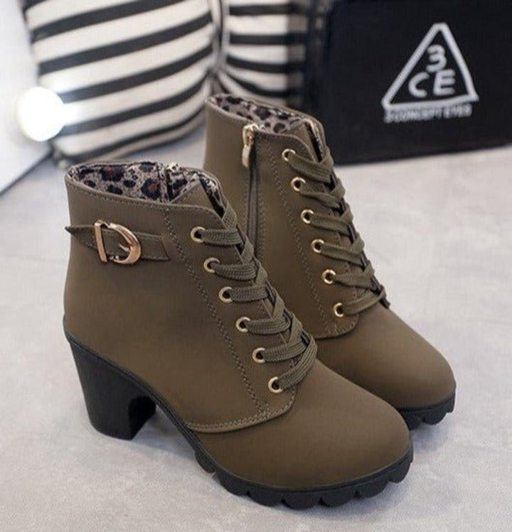 Women's lace-up ankle boots with block heels, side zips and ridged soles