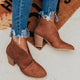 Women's pointed-toe ankle boots with block heels and horizontal upper detail