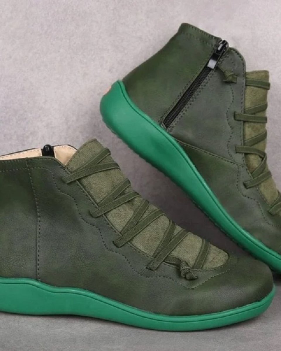 Women's lace-up ankle boots with side zipper and flat sole
