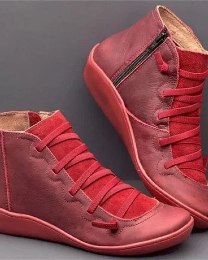 Women's lace-up ankle boots with side zipper and flat sole