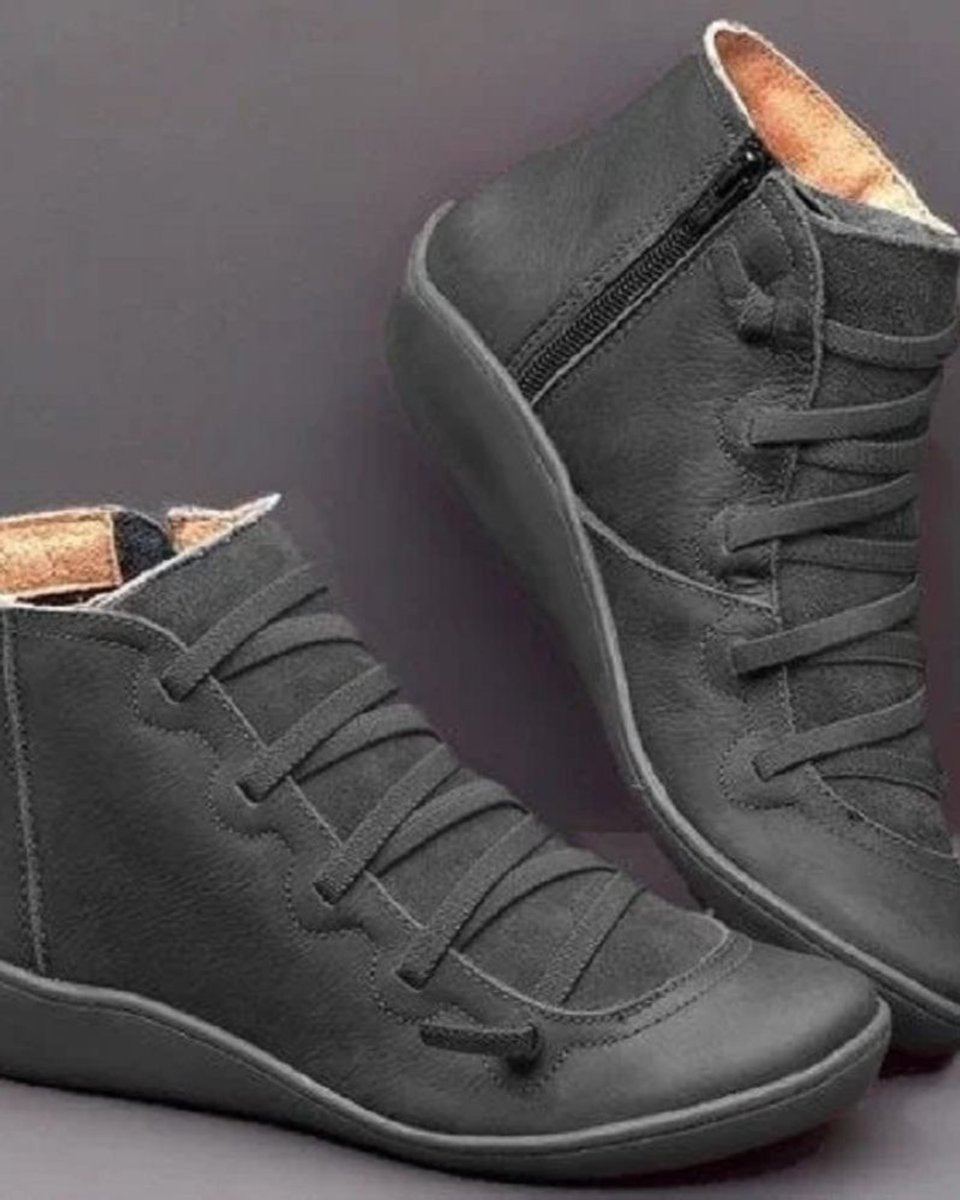 Women's lace-up ankle boots with side zipper and flat sole