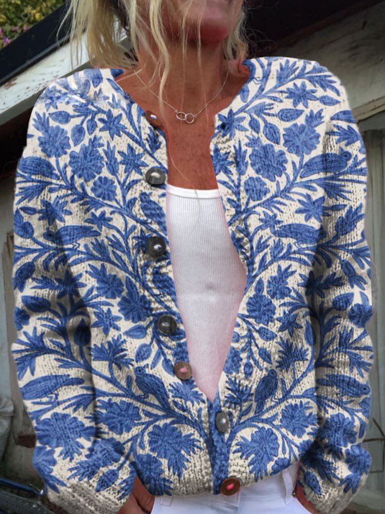 Women's floral button-front cardigan with long sleeves