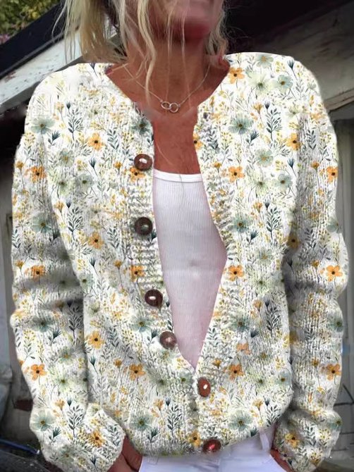 Women's floral button-front cardigan with long sleeves