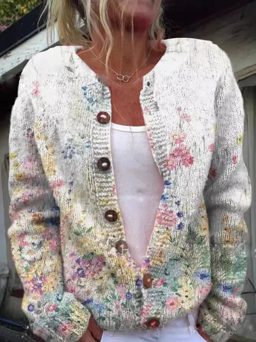 Women's floral button-front cardigan with long sleeves