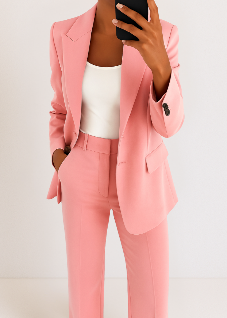 Women's two-piece tailored suit set with double-breasted blazer and straight-leg trousers in blue and beige