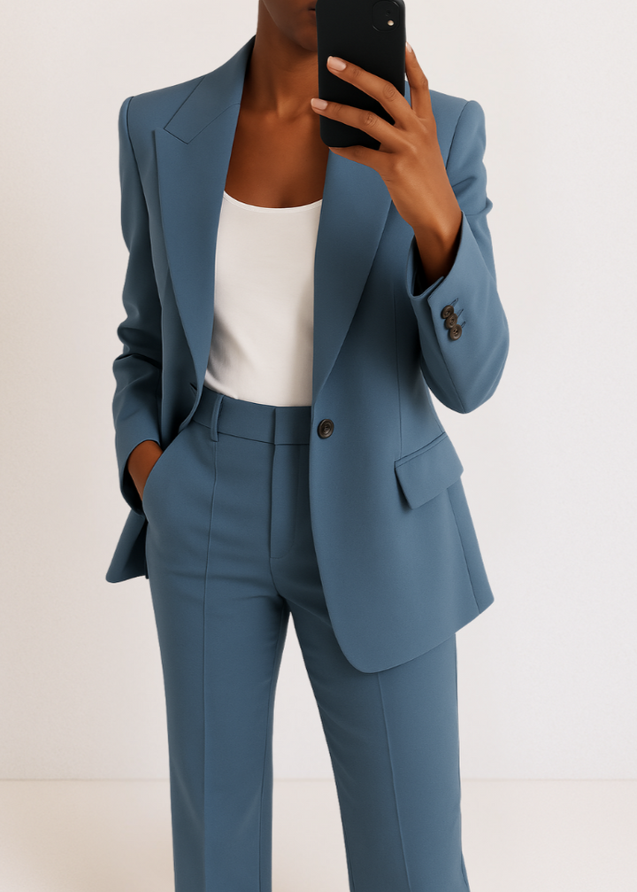 Women's two-piece tailored suit set with double-breasted blazer and straight-leg trousers in blue and beige