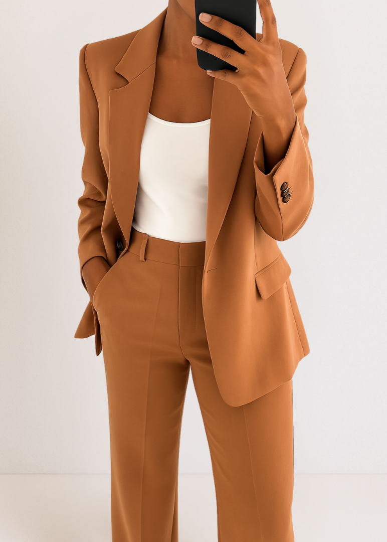 Women's two-piece tailored suit set with double-breasted blazer and straight-leg trousers in blue and beige