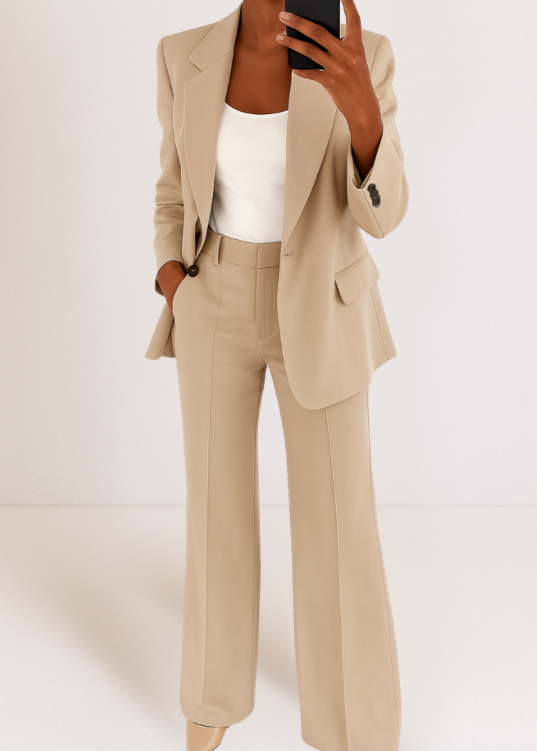 Women's two-piece tailored suit set with double-breasted blazer and straight-leg trousers in blue and beige