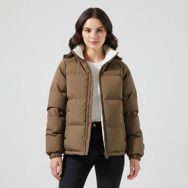 Women's quilted hooded jacket with zip fastening and contrasting lining
