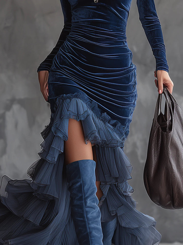 Women's dark blue ruched maxi dress with long sleeves and layered ruffle skirt